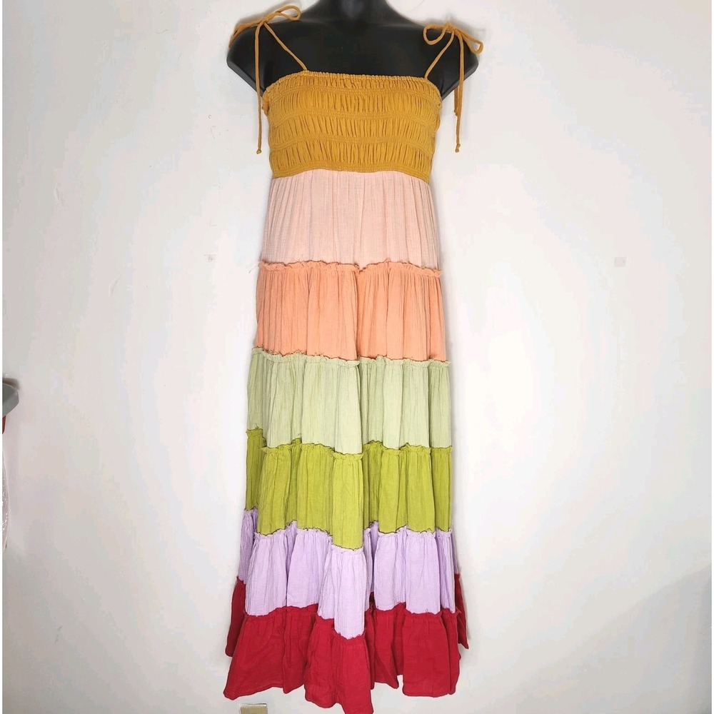Rainbow Colorblock Maxi Dress M Boho Hippie Fairy Festival Smocked Tiered Cotton